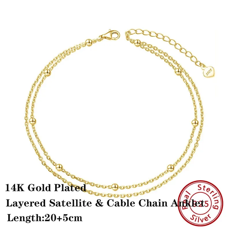 925 Sterling Silver Flat Beads Chain Ankle Bracelet for Women