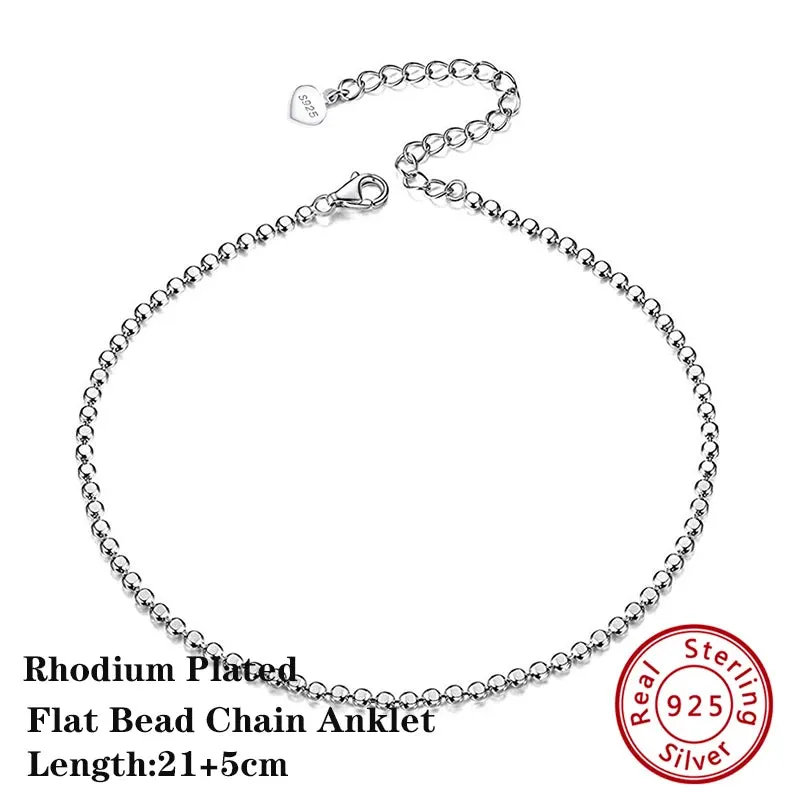 925 Sterling Silver Flat Beads Chain Ankle Bracelet for Women