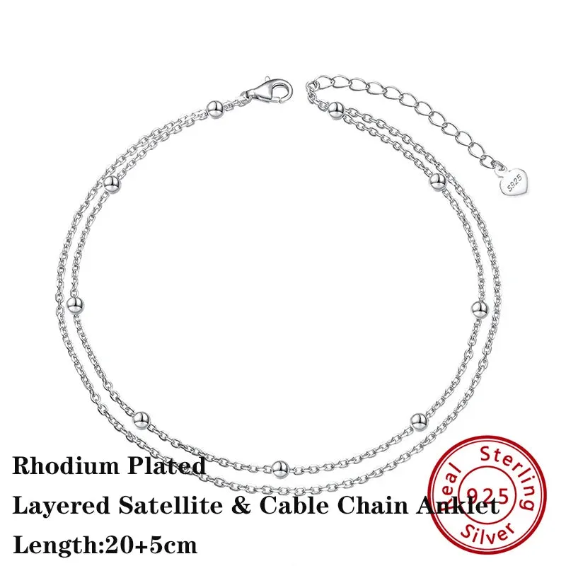 925 Sterling Silver Flat Beads Chain Ankle Bracelet for Women