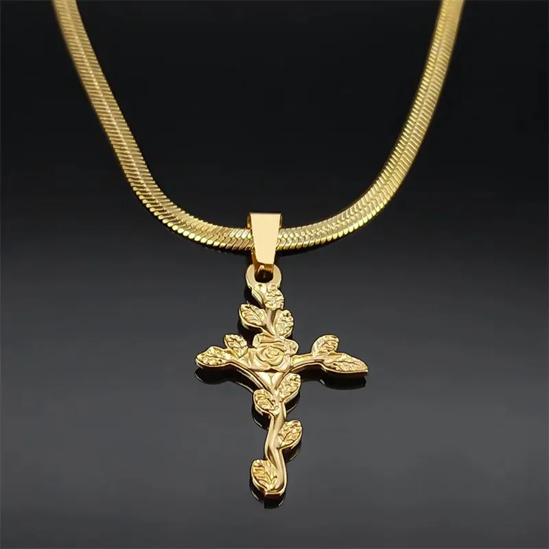 Aesthetic Cross Rose Flower Leaf Necklace for Women