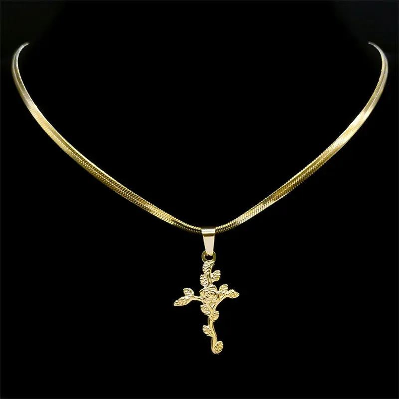 Aesthetic Cross Rose Flower Leaf Necklace for Women