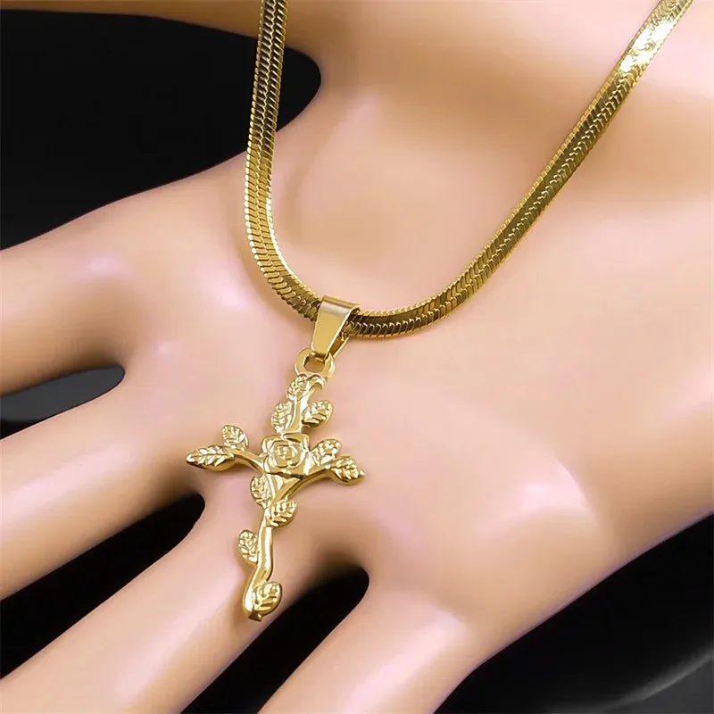 Aesthetic Cross Rose Flower Leaf Necklace for Women
