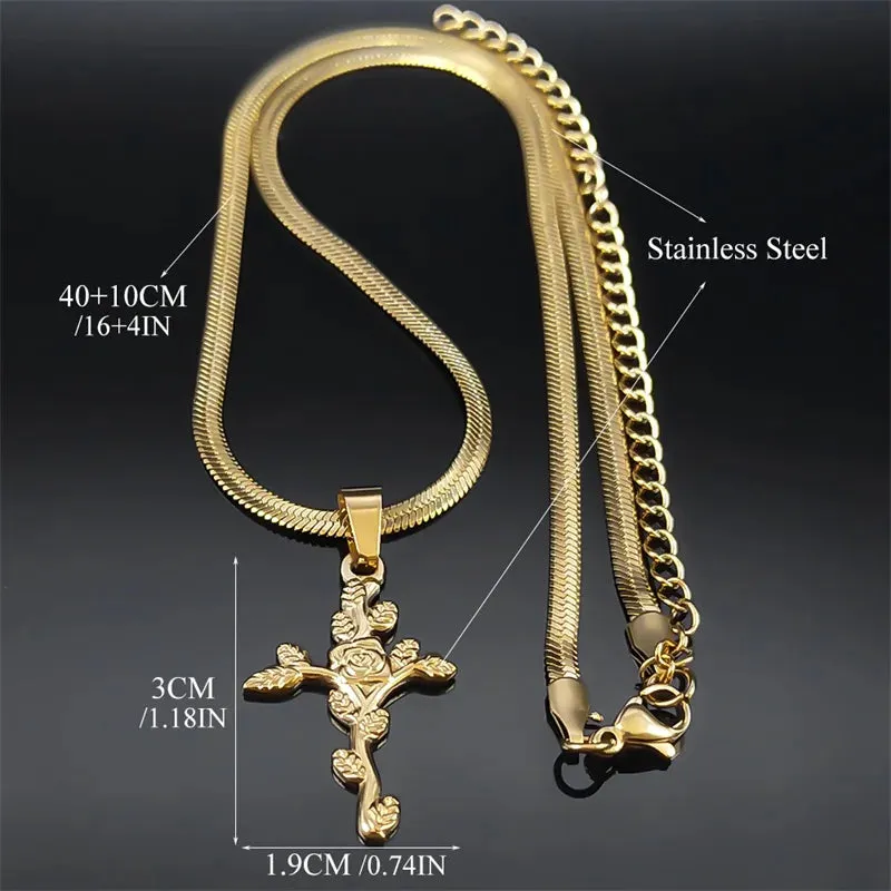 Aesthetic Cross Rose Flower Leaf Necklace for Women