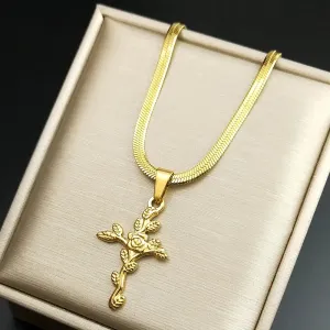 Aesthetic Cross Rose Flower Leaf Necklace for Women