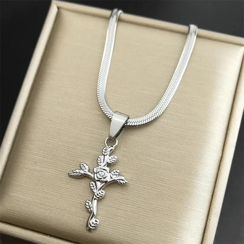 Aesthetic Cross Rose Flower Leaf Necklace for Women
