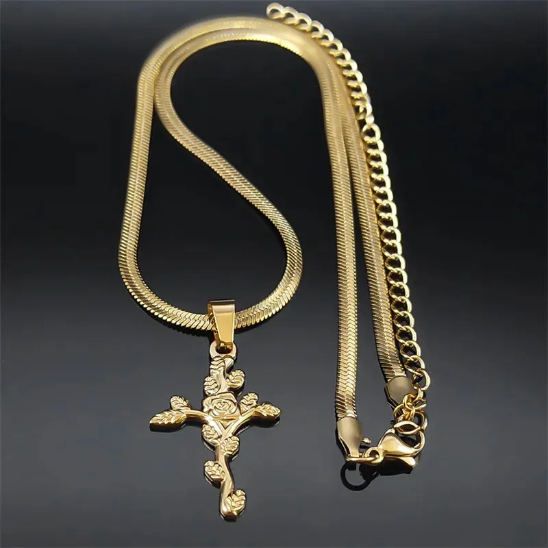 Aesthetic Cross Rose Flower Leaf Necklace for Women