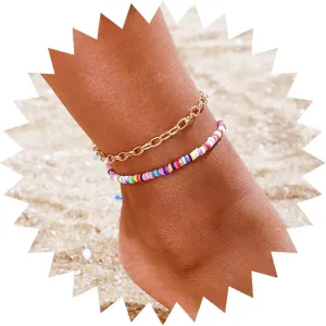 Andelaisi Boho Heishi Surfer Anklets Rainbow Vinyl Ankle Bracelet Summer Beaded Ankle Chain Bracelet Colorful Sliced Clay Anklet Bracelets Gold Chunky Foot Chain Jewelry for Women 2Pcs