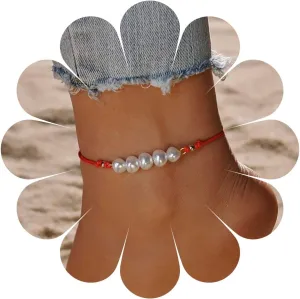 Andelaisi Boho Pearl Ankle Bracelet Pearl Hemp Rope Anklet Bracelet Vintage Red Wax Rope Ankle Bracelet Baroque Pearl Foot Chain Bracelet Jewelry for Women