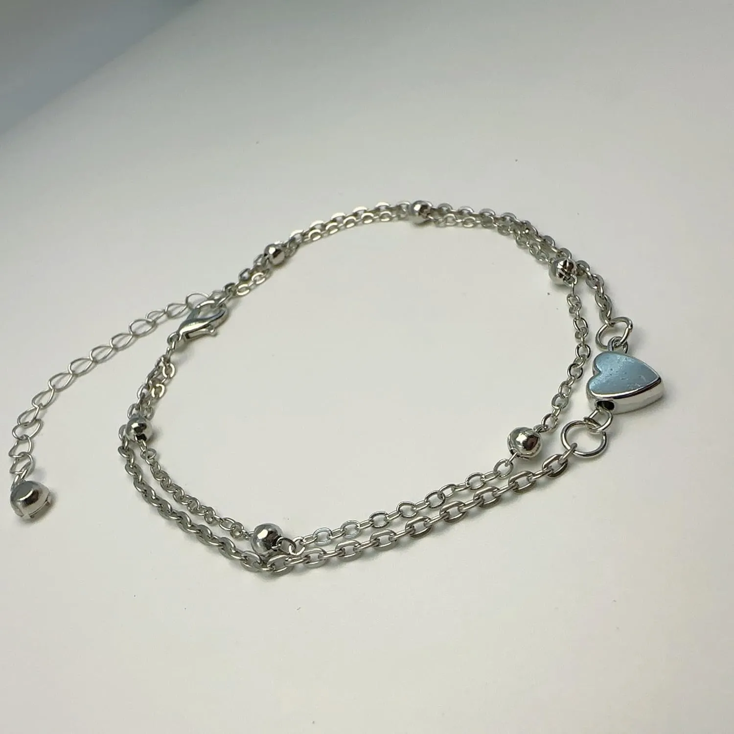 Anklet for Women Layered Anklets Women Double Heart Silver Bohemian Pearls Flat Chain Ankle Bracelet Charm Beaded Dainty Foot Jewelry Heart Charm Dainty Layer Anklets Trendy