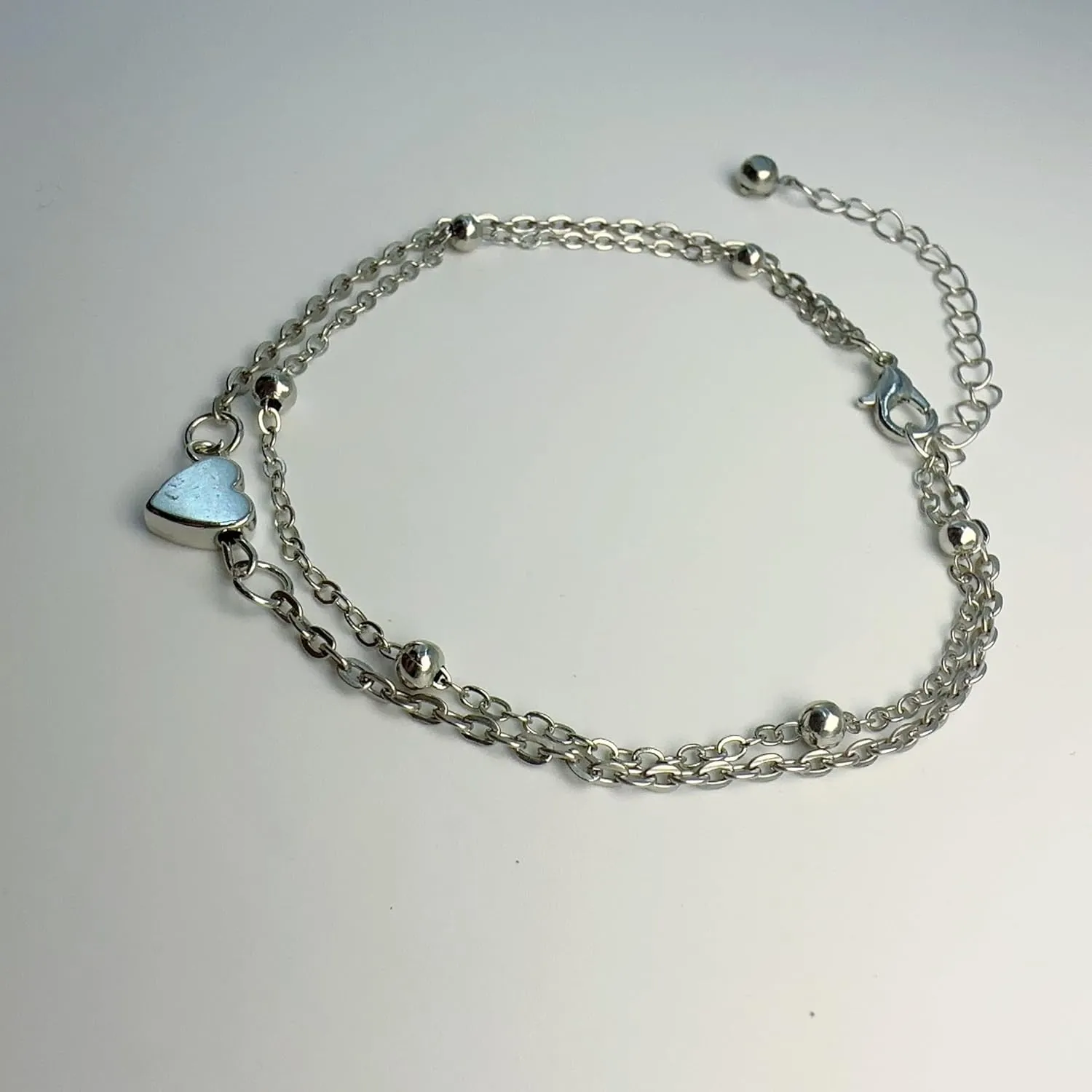 Anklet for Women Layered Anklets Women Double Heart Silver Bohemian Pearls Flat Chain Ankle Bracelet Charm Beaded Dainty Foot Jewelry Heart Charm Dainty Layer Anklets Trendy