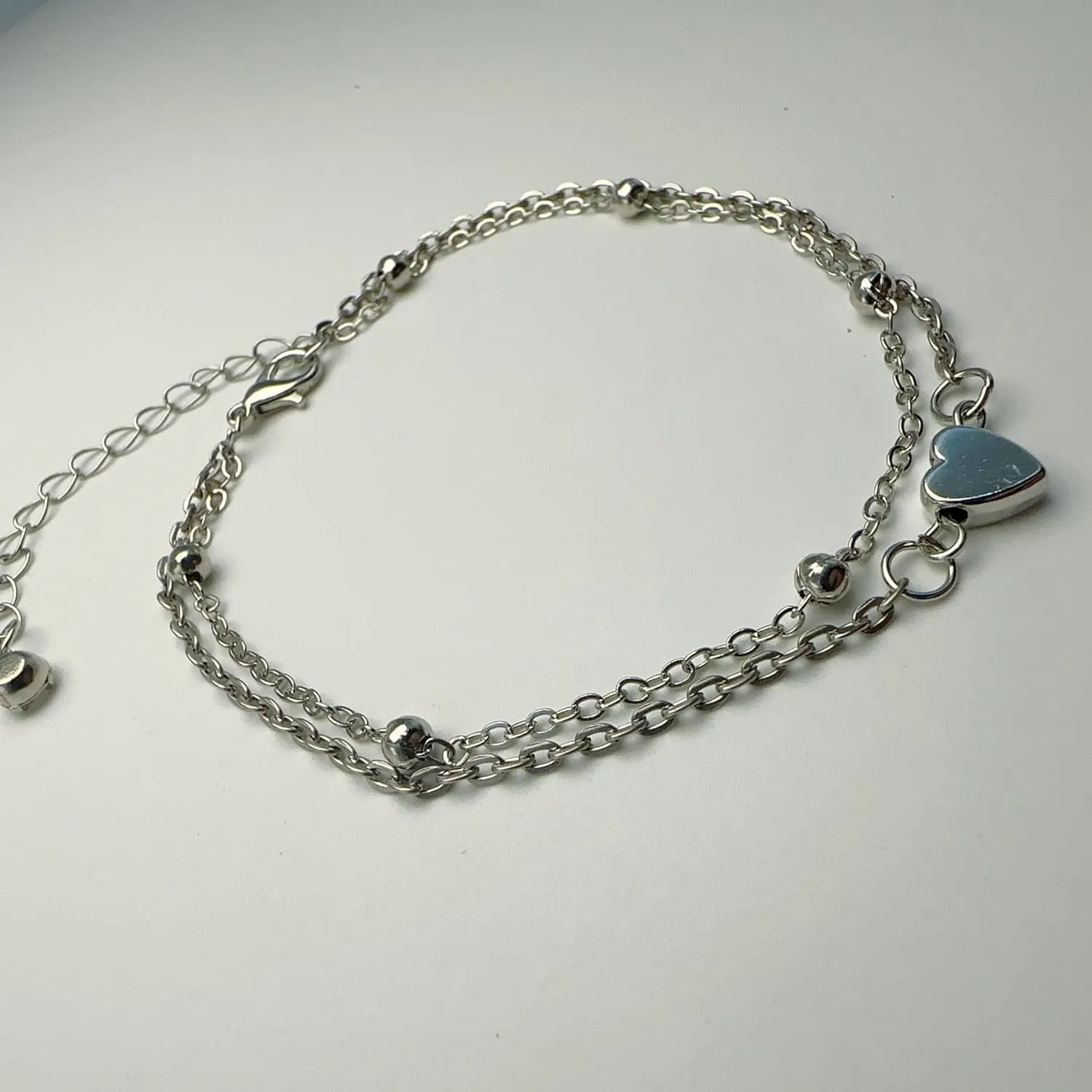 Anklet for Women Layered Anklets Women Double Heart Silver Bohemian Pearls Flat Chain Ankle Bracelet Charm Beaded Dainty Foot Jewelry Heart Charm Dainty Layer Anklets Trendy