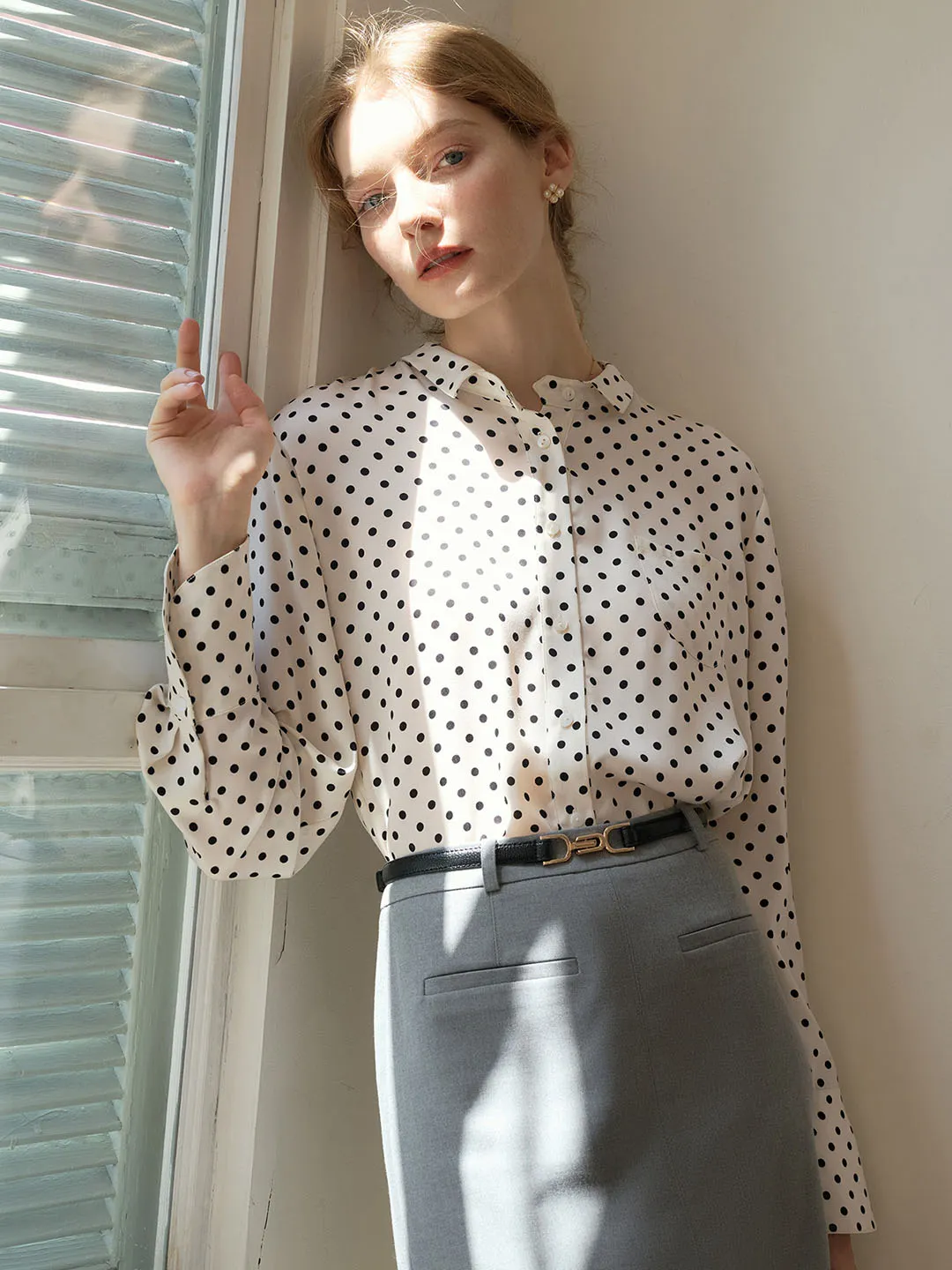 Barbara French Cuffs Polka Dot Small Lapel Blouse