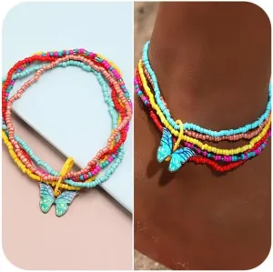 Bead Boho Anklet Bracelets Beaded Handmade Anklet Chain Layered African Anklets Bracelet Butterfly Elastic Foot Chains Summer Party Jewelry Beads Anklets for Women (5PCS)