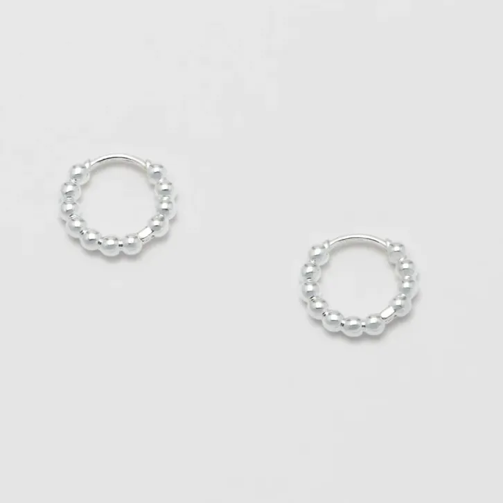 Beaded Huggie Hoop Earring Mini Silver Plated