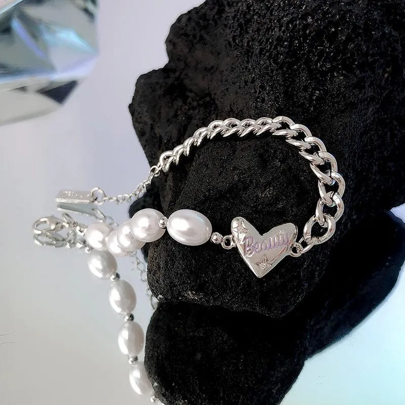 Beaded Pearl Thick Chain Splicing Love Bracelet - Timeless Elegance