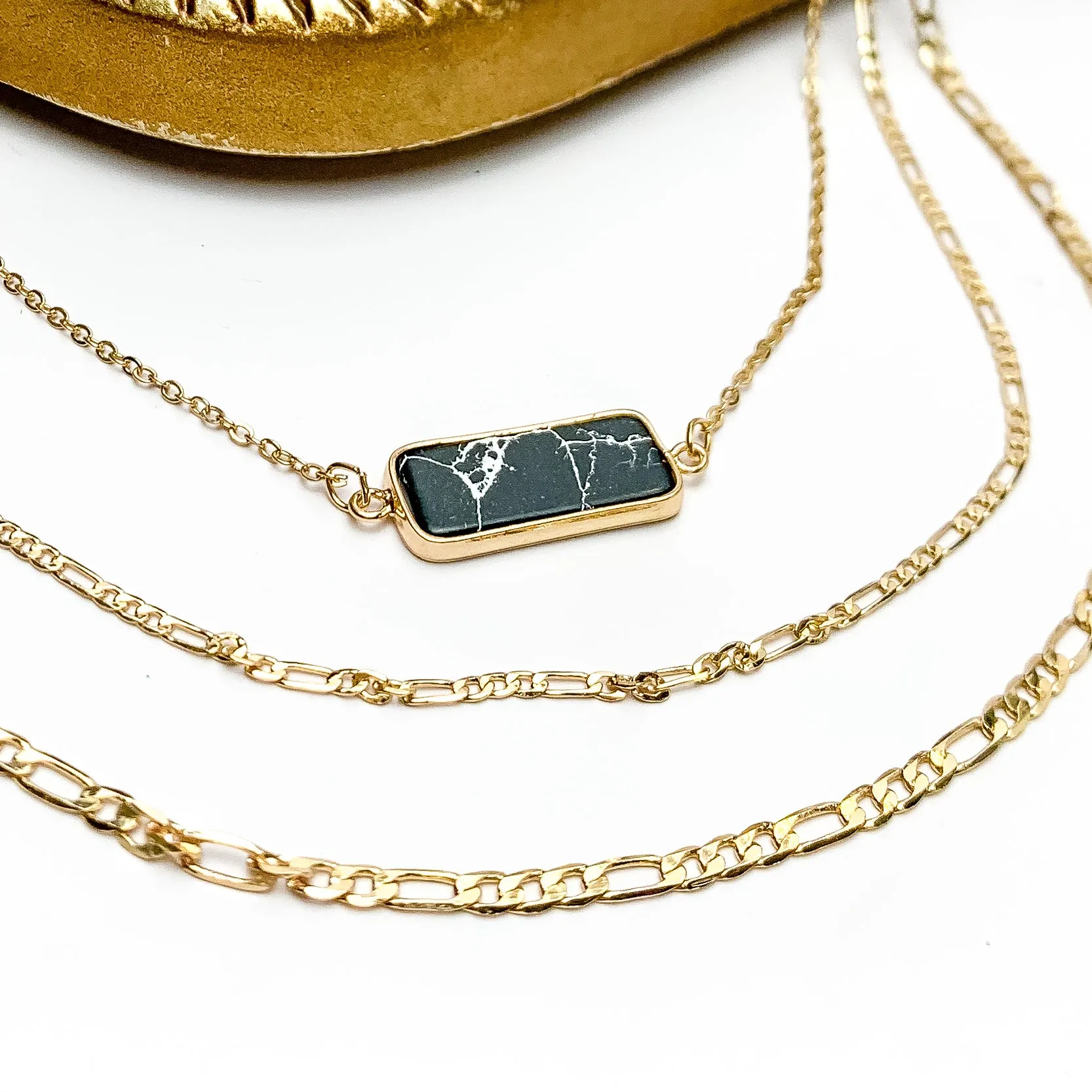 Black Stone Pendant Gold Tone Chain Three layered Necklace