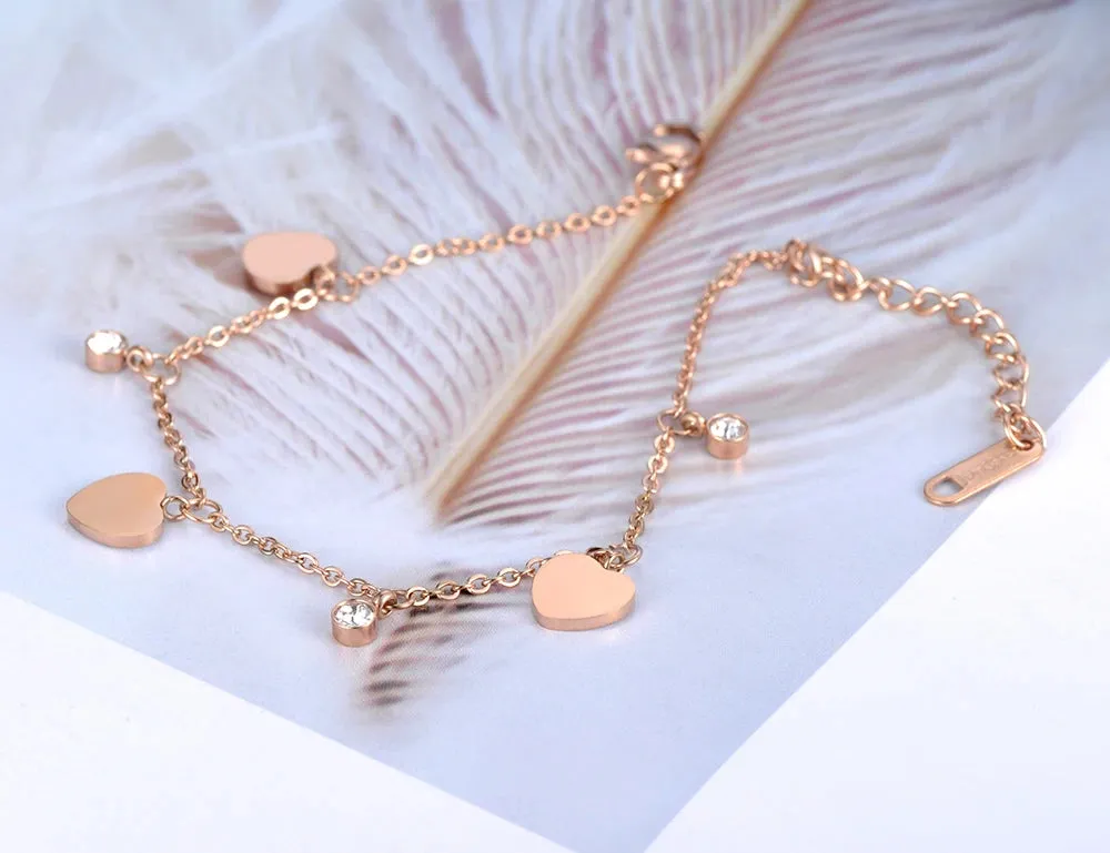 Bohemia Style Stainless Steel CZ Crystal Heart Charm Anklets For Women