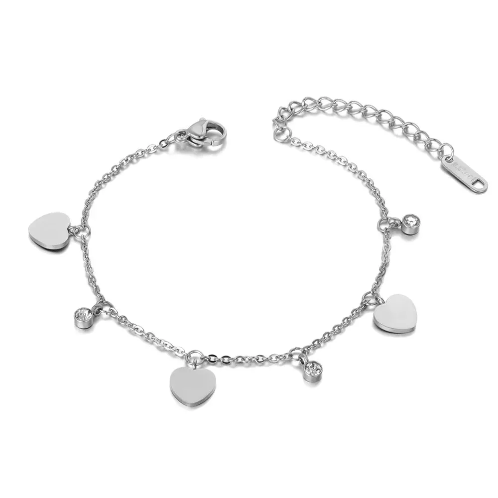 Bohemia Style Stainless Steel CZ Crystal Heart Charm Anklets For Women