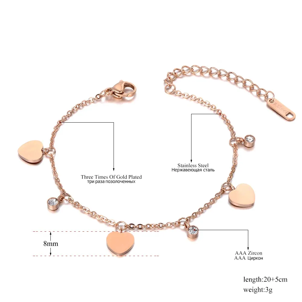 Bohemia Style Stainless Steel CZ Crystal Heart Charm Anklets For Women