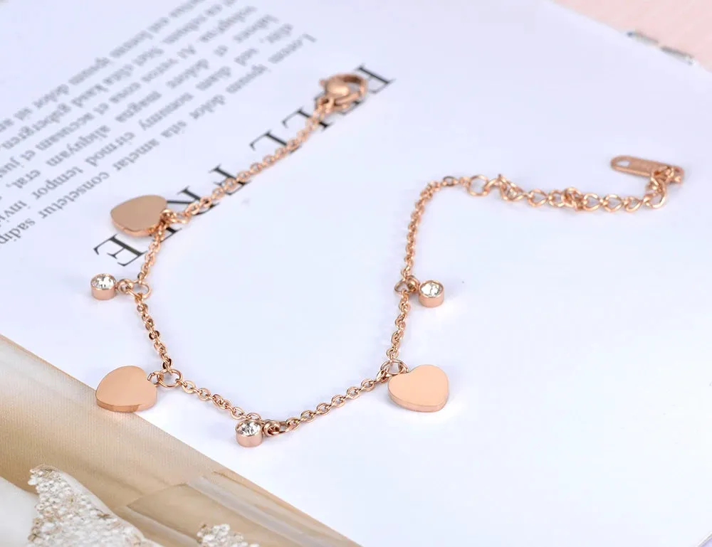 Bohemia Style Stainless Steel CZ Crystal Heart Charm Anklets For Women