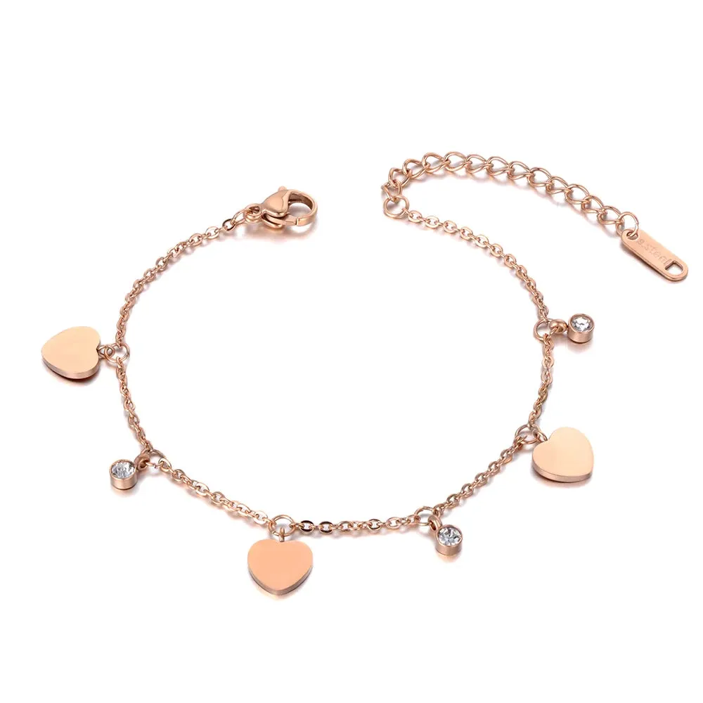 Bohemia Style Stainless Steel CZ Crystal Heart Charm Anklets For Women