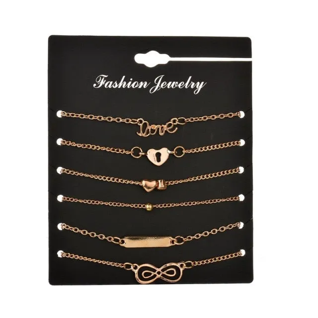 Bohemian 6pcs/lot Anklets Sets For Women Anklet Bracelet on Leg Gold Heart Love Bar Infinity Foot Chain Ankle Beach Jewelry