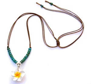 Boho Beaded Choker Necklace for Women and Teen Girls, Hawaii Hawaiian Plumeria Flower Turquoise and Sterling Silver Beads, Adjustable Beach Summer String Necklace, Handmade Hippie Jewelry by Tribes
