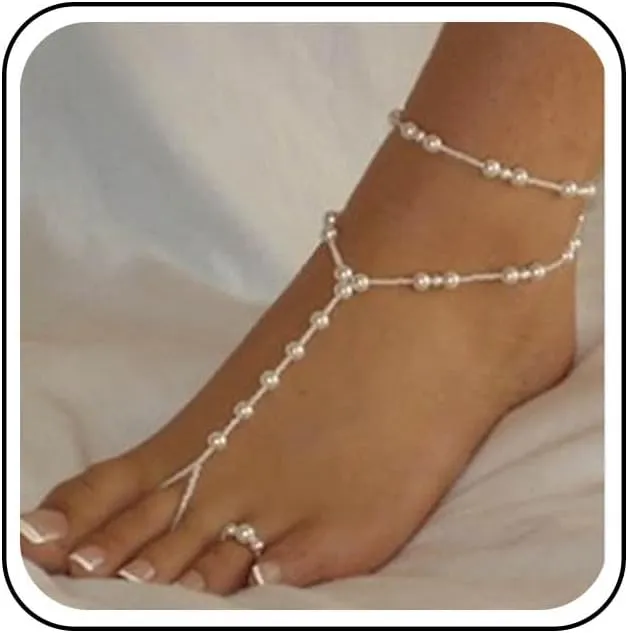 Boho Layered Pearl Anklet Bracelet Pearl Barefoot Sandal Anklet Beaded White Ankle Bracelets Pearls Toe Ring Anklets Gypsy Anklets Foot Chain Jewelry for Women