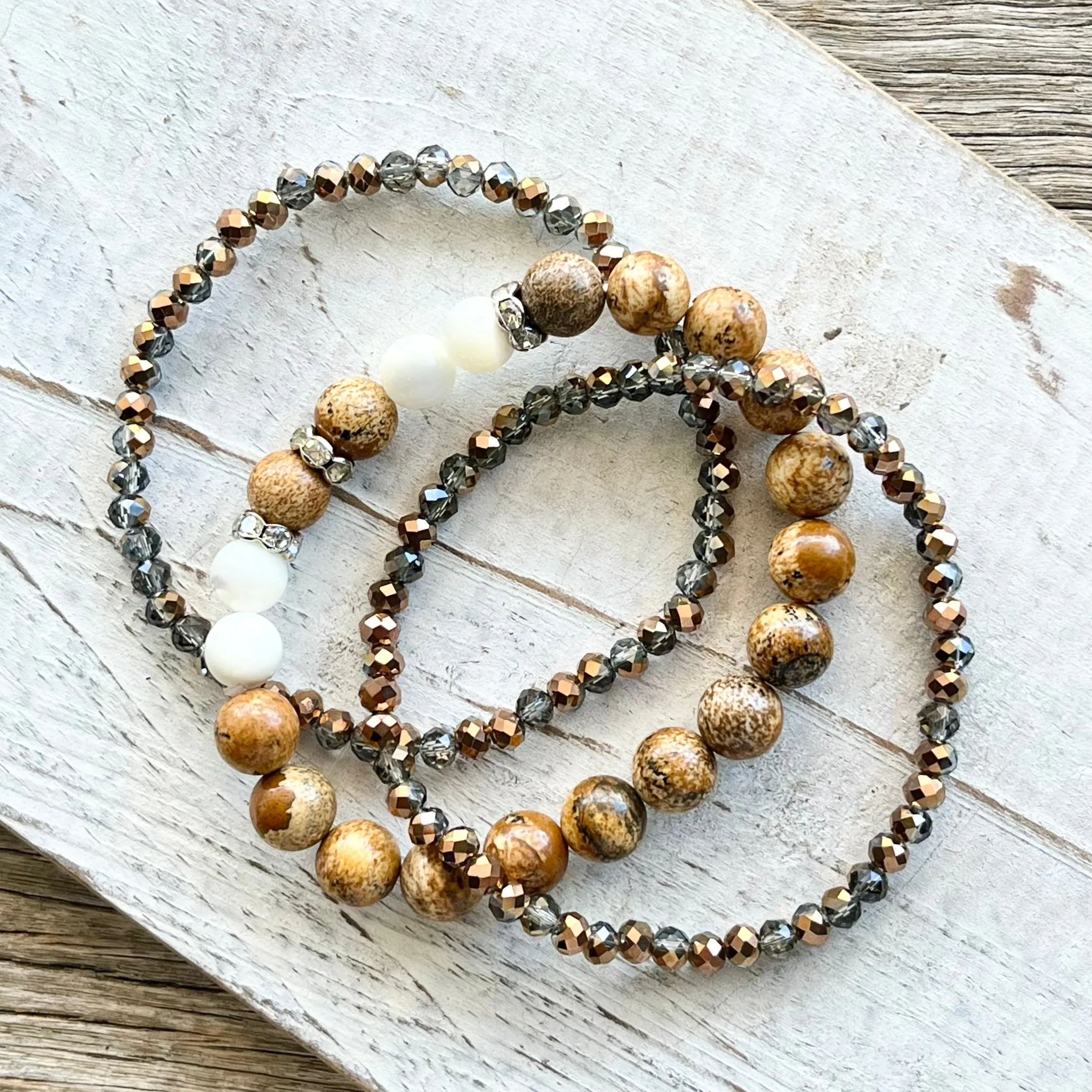 Boho Rustic Bead & Crystal Bracelet Set