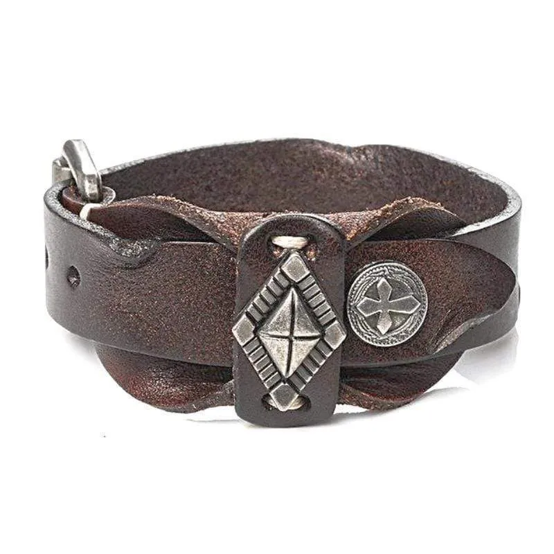Brown Tribal Cross Leather Bracelet