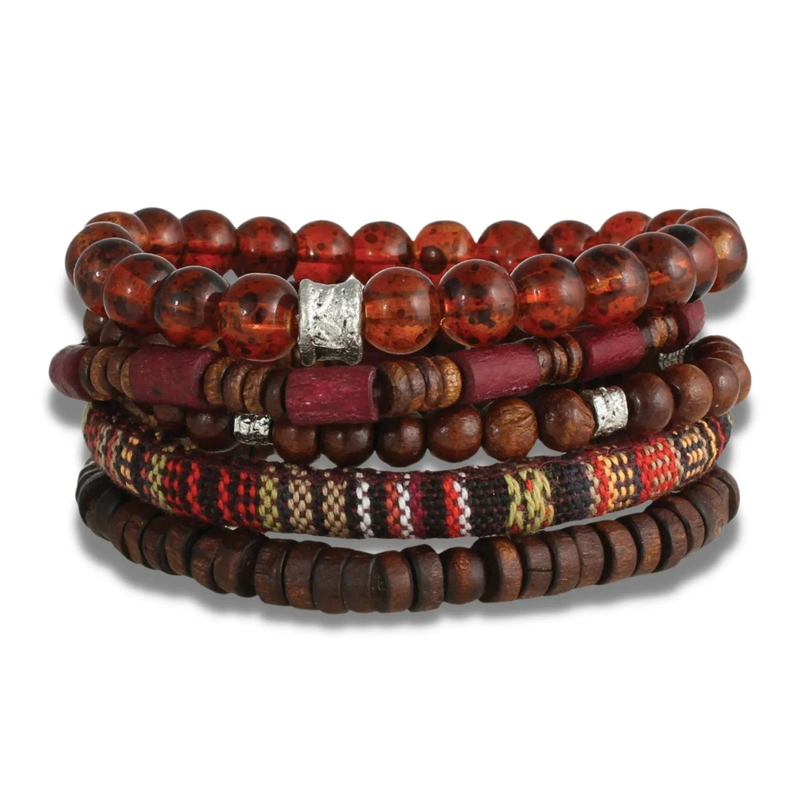 Brown Wood & Bead Men's Bracelet Set