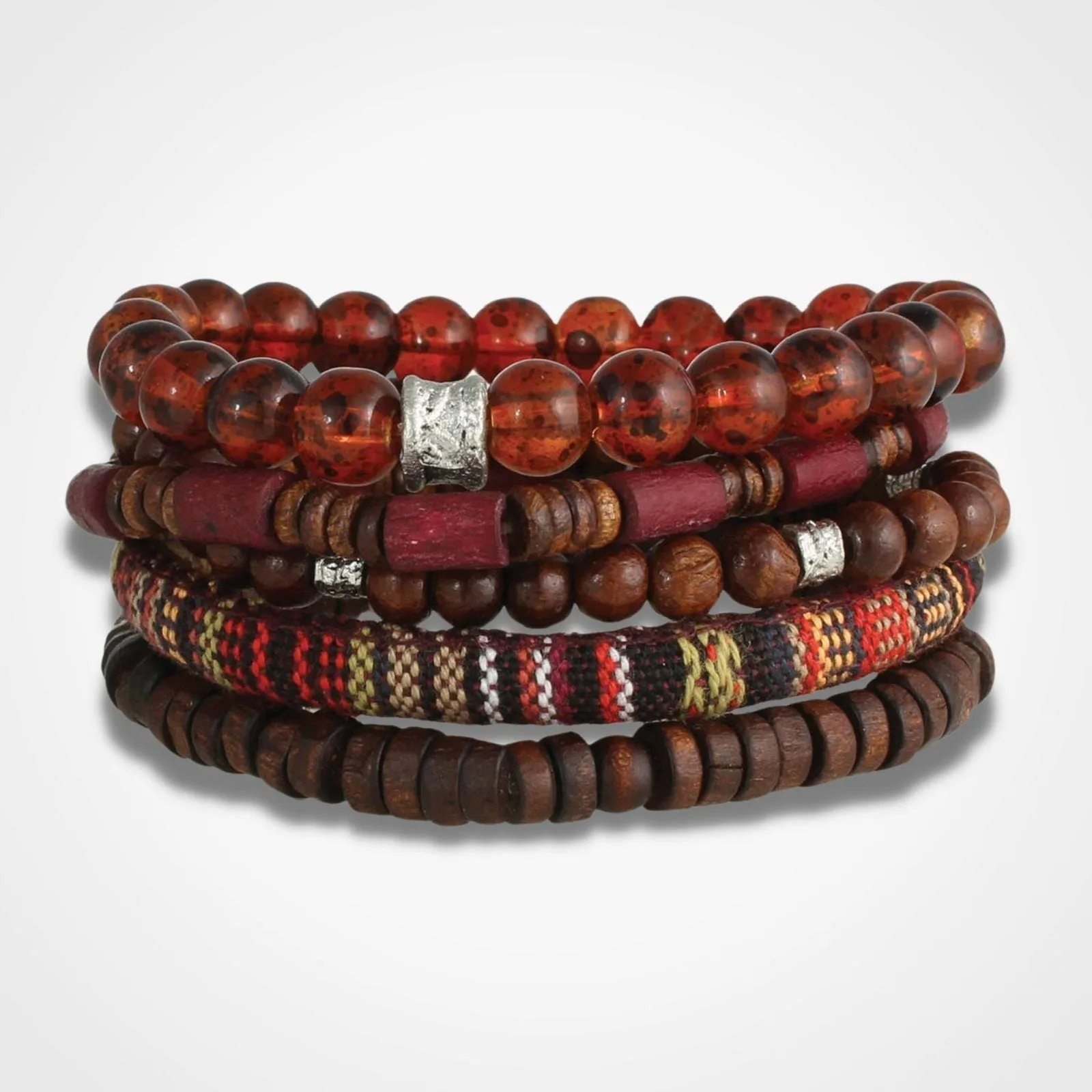 Brown Wood & Bead Men's Bracelet Set