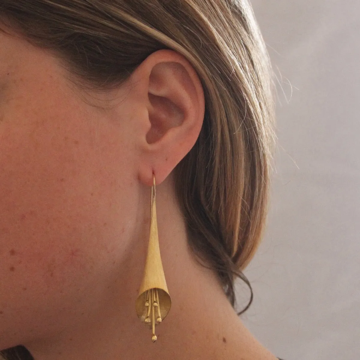 Brushed Gold Flower Flute Earrings
