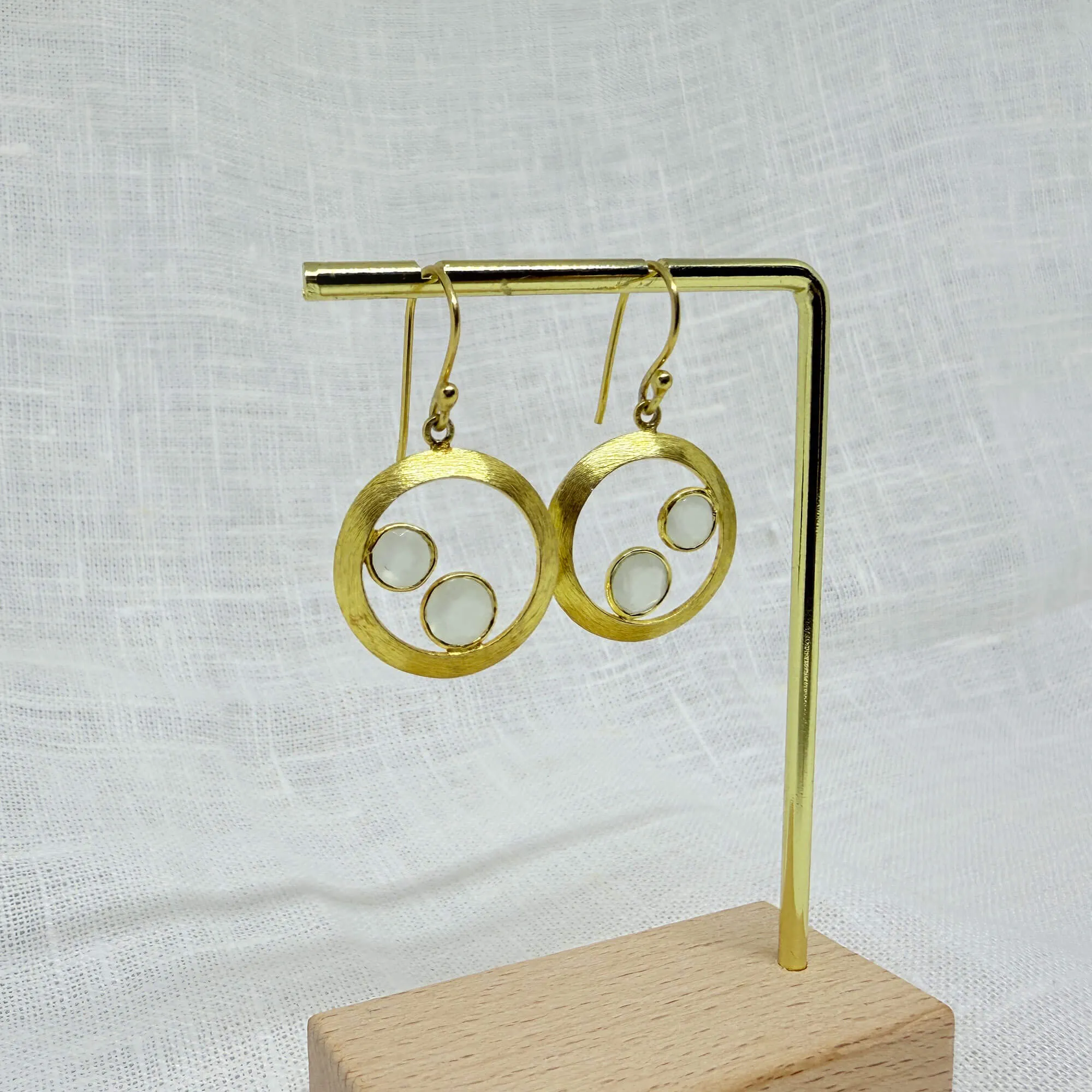 Brushed Open Circle Gold and Aqua Chalcedony Drop Earrings