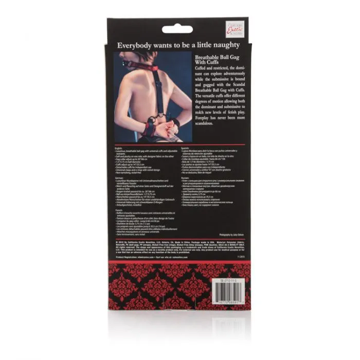 CalExotics Scandal Breathable Ball Gag with Collar and Wrist Handcuffs Red and Black