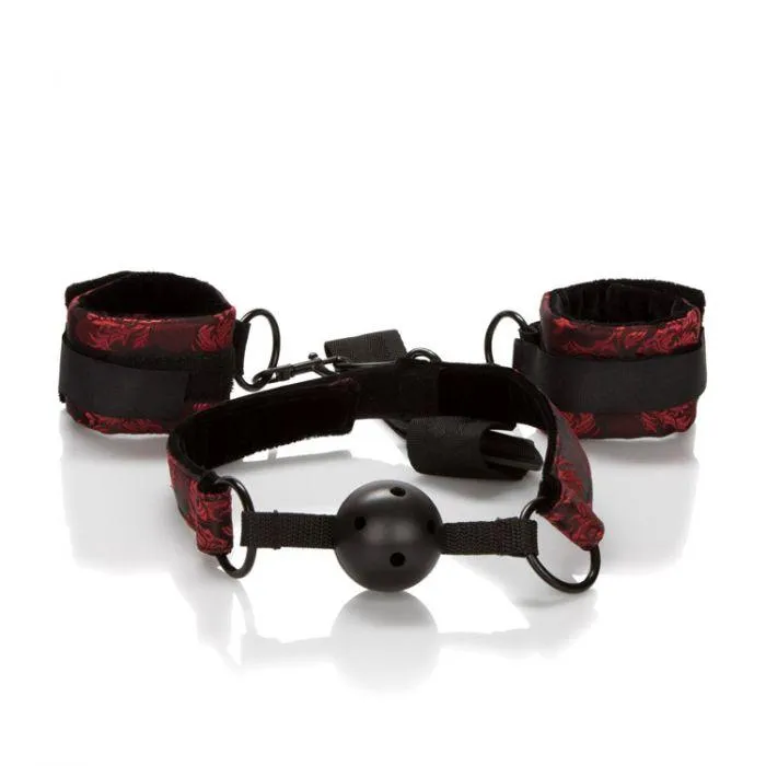 CalExotics Scandal Breathable Ball Gag with Collar and Wrist Handcuffs Red and Black