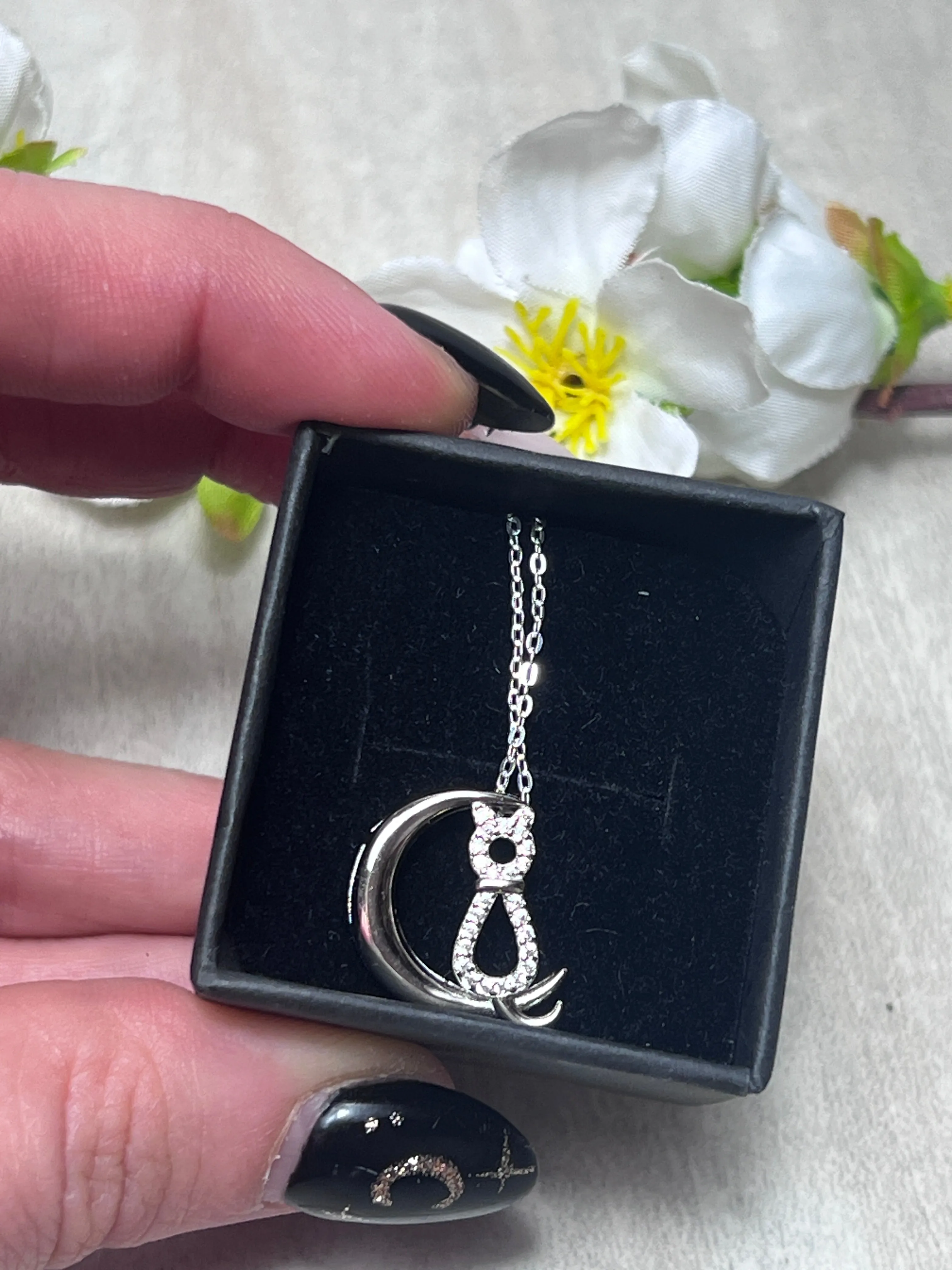 Cat & Moon CZ 925 Sterling Silver Pendant
