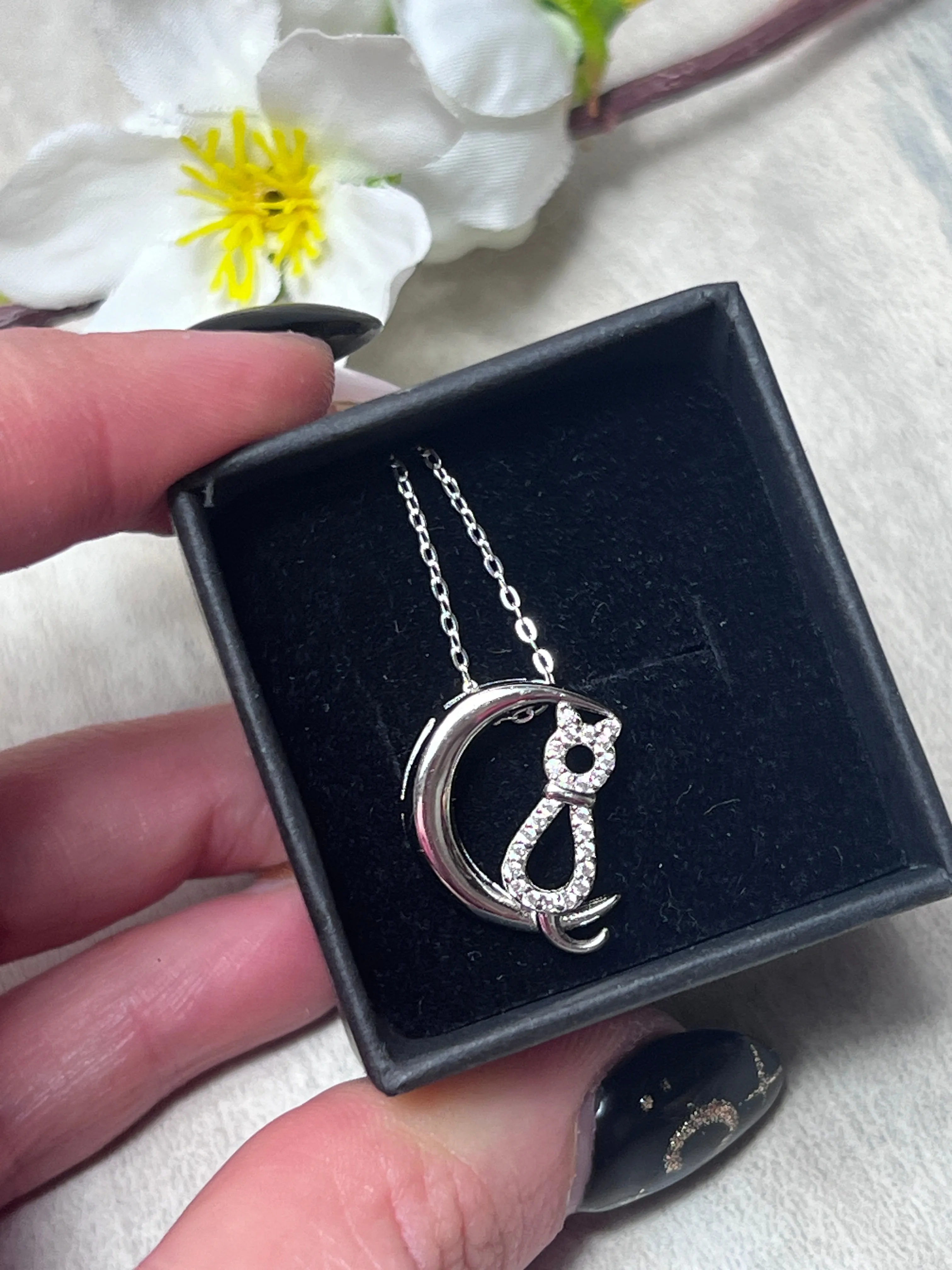 Cat & Moon CZ 925 Sterling Silver Pendant