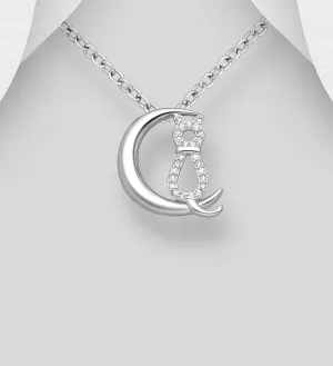Cat & Moon CZ 925 Sterling Silver Pendant