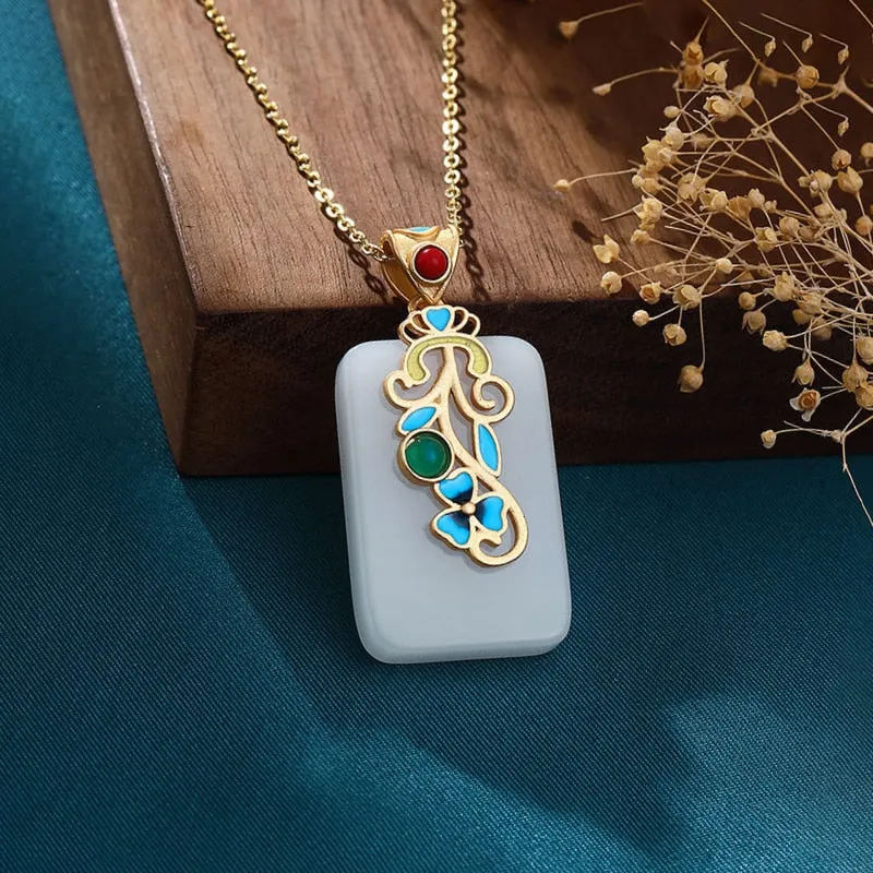 Chinese Style Enamel Craft Inlaid Natural Hotan White Jade Square Necklace Pendant