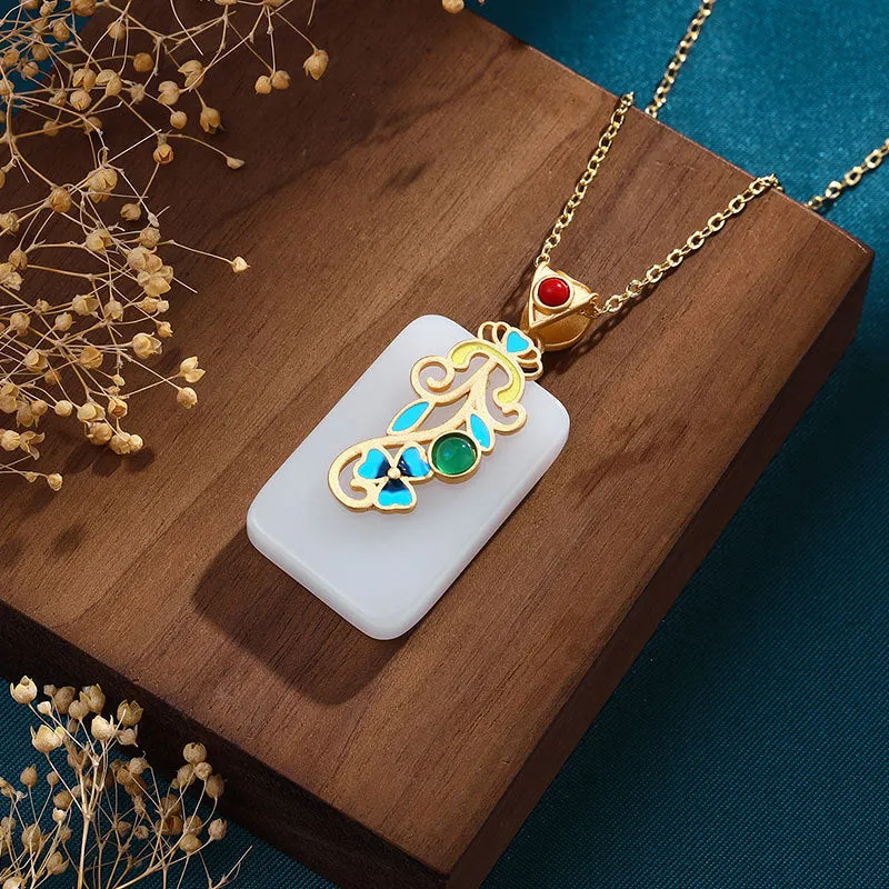 Chinese Style Enamel Craft Inlaid Natural Hotan White Jade Square Necklace Pendant