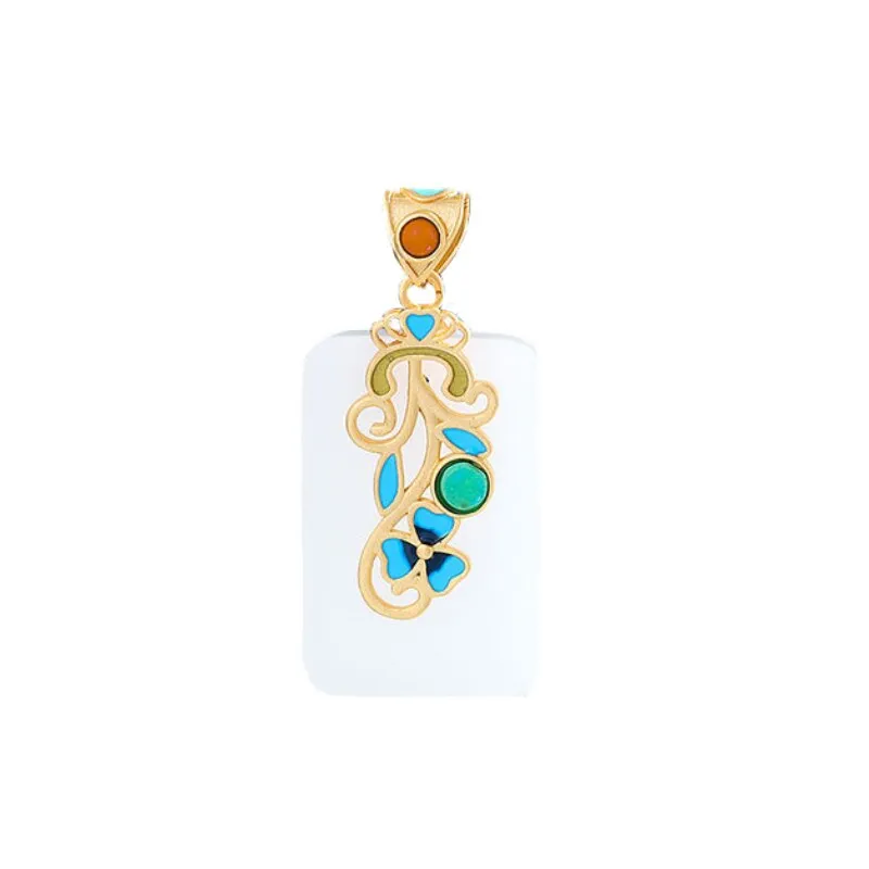 Chinese Style Enamel Craft Inlaid Natural Hotan White Jade Square Necklace Pendant