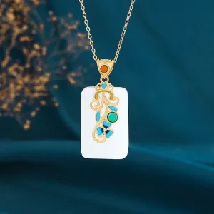 Chinese Style Enamel Craft Inlaid Natural Hotan White Jade Square Necklace Pendant