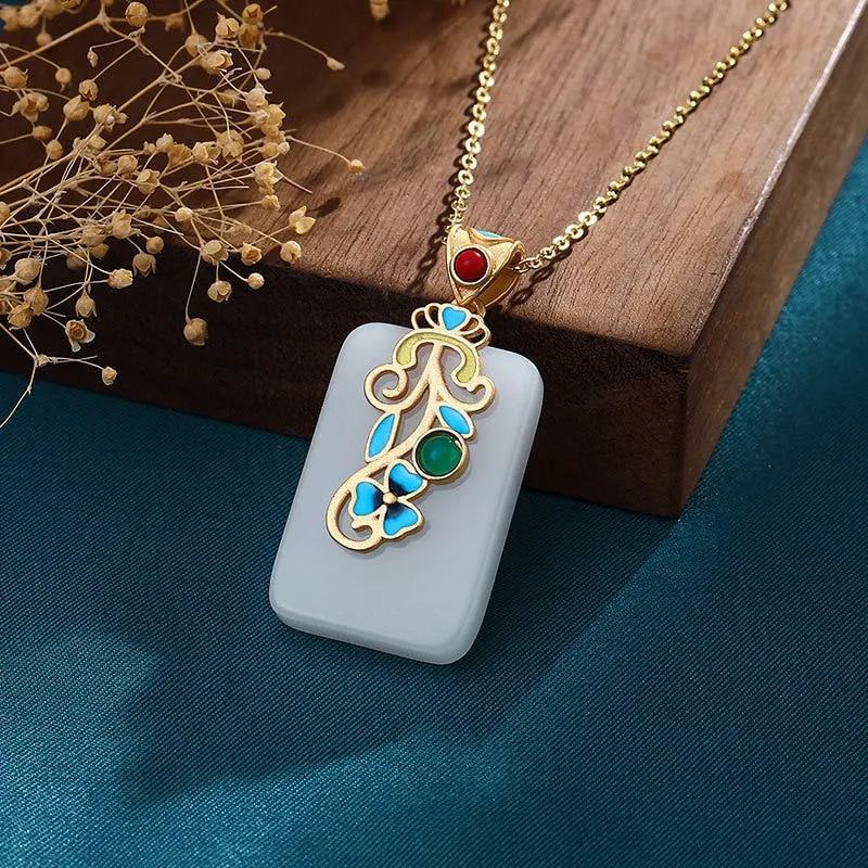 Chinese Style Enamel Craft Inlaid Natural Hotan White Jade Square Necklace Pendant