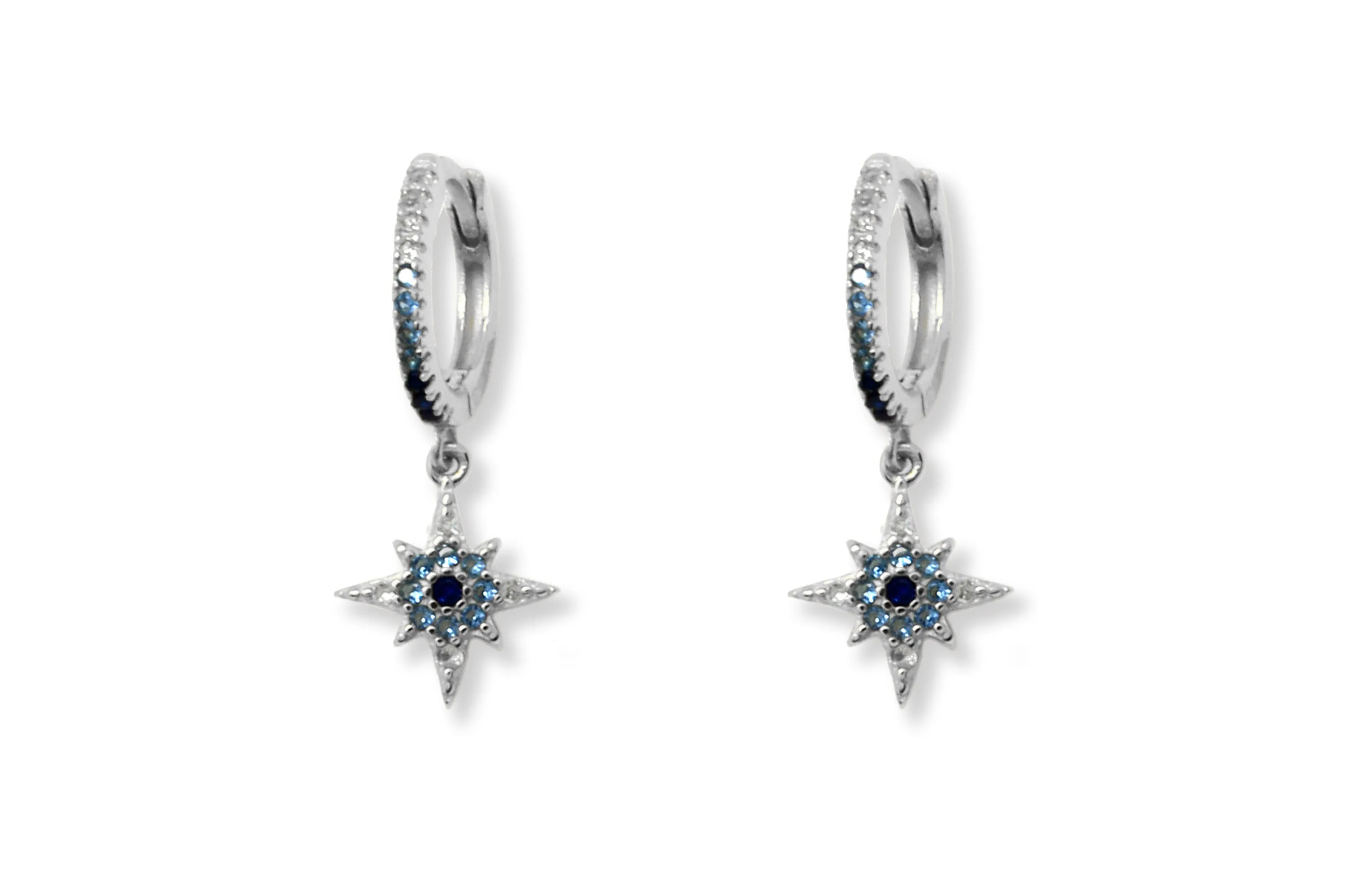 Cohan Blue Ombre CZ Star Sterling Silver Gold Hoop Earrings