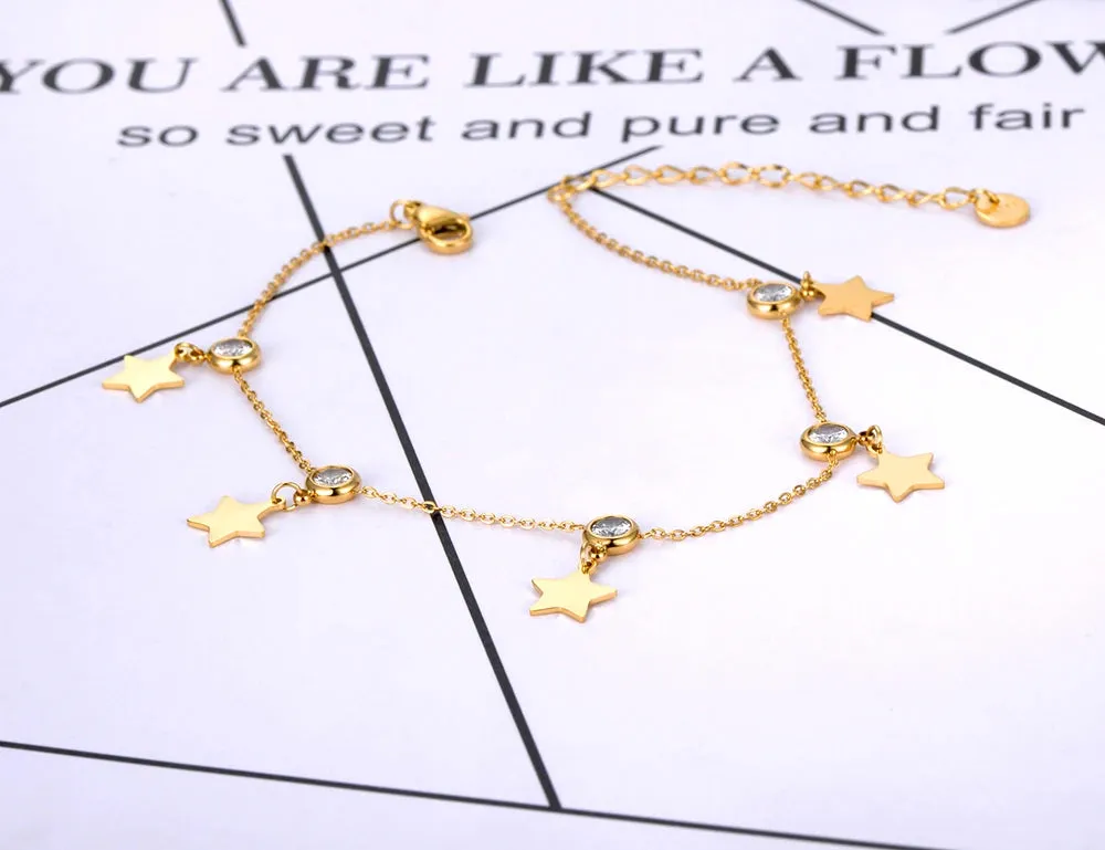 CZ Crystal 5Pcs Star Charm Anklet Foot Jewelry