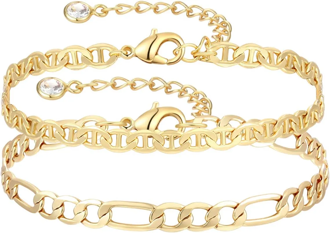 Dainty Layered Gold Chain Bracelet for Women 14K Gold Plated Handmade Adjustable Bracelet Satellite Beads Oval Mariner Figaro Link Chain Bracelets Minimalist Layering Stacking Jewelry Gift for Women