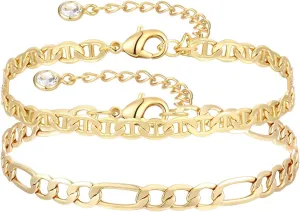 Dainty Layered Gold Chain Bracelet for Women 14K Gold Plated Handmade Adjustable Bracelet Satellite Beads Oval Mariner Figaro Link Chain Bracelets Minimalist Layering Stacking Jewelry Gift for Women