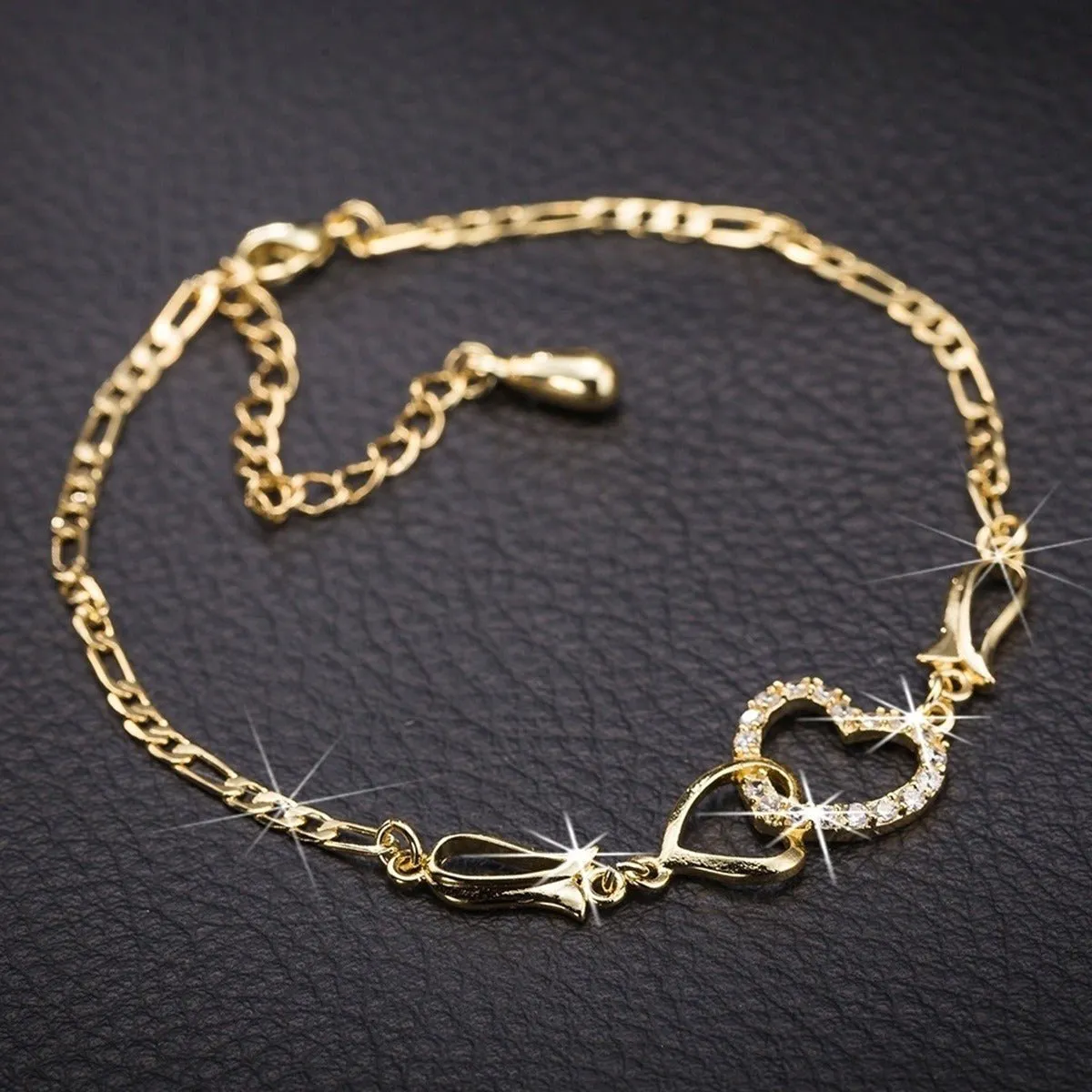 Double Heart Ankle Women  Crystal Bracelet
