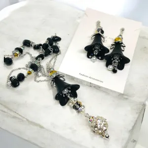 Elegant Duo: Y-Shaped Necklace and Black Bohemian Bloom Lucite Earrings Set